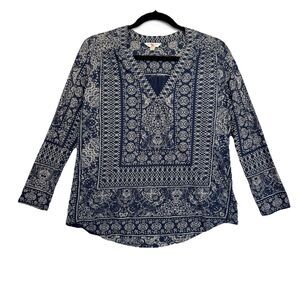 Lucky Brand Size M Navy Boho Print High Low Tunic Top Cotton Viscose Linen Blend